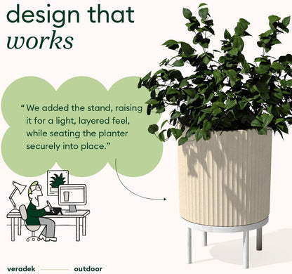 Veradek Demi Series Round Planter w/ Stand for Porch/Patio | Durable Plastic-Concrete & Wooden Stand | Modern Décor for Tall Plants, Flowers