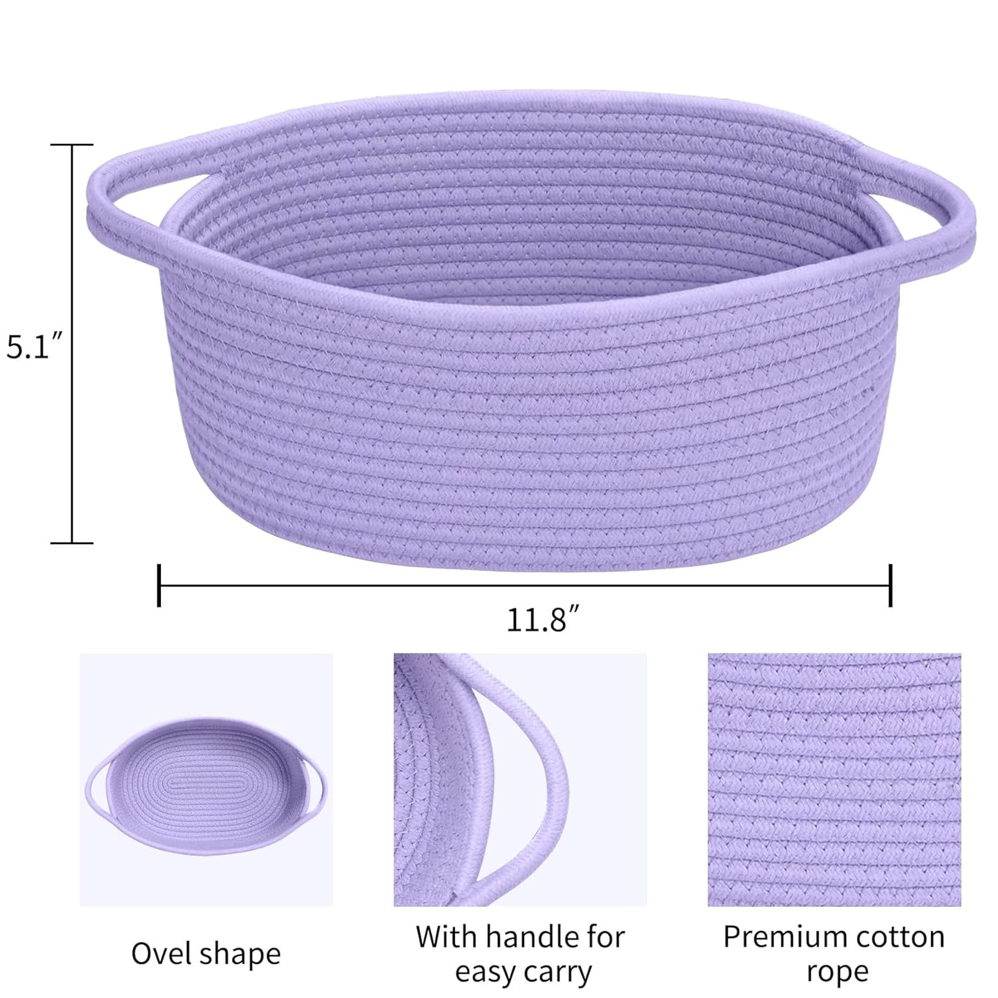 ABenkle Small Basket with Handles, Boho Decorative Rope Woven Dog Cat Toy Storage Bin Shelf Storage Organizer, Easter Christmas Gift Basket, 12"x8"x5", White