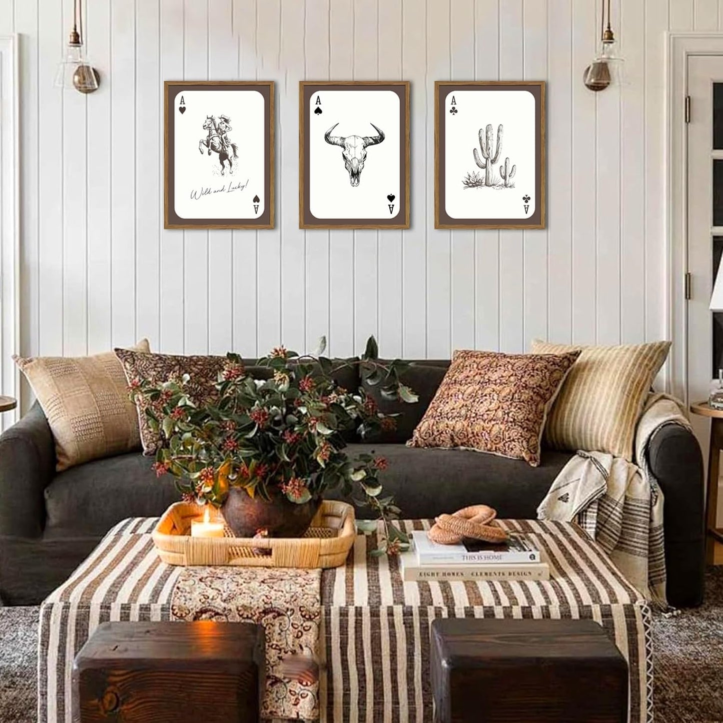 Western Wall Art Set of 3, Southwestern Cowboy Playing Card Wall Decor, Longhorn Bull Skull and How Lucky are We Poster Canvas Painting Prints for Bedroom Living Room 12x16 inch Wood Framed