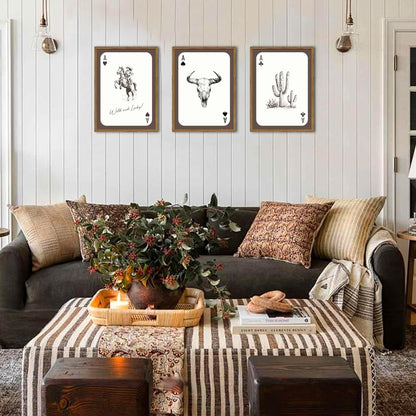 Western Wall Art Set of 3, Southwestern Cowboy Playing Card Wall Decor, Longhorn Bull Skull and How Lucky are We Poster Canvas Painting Prints for Bedroom Living Room 12x16 inch Wood Framed