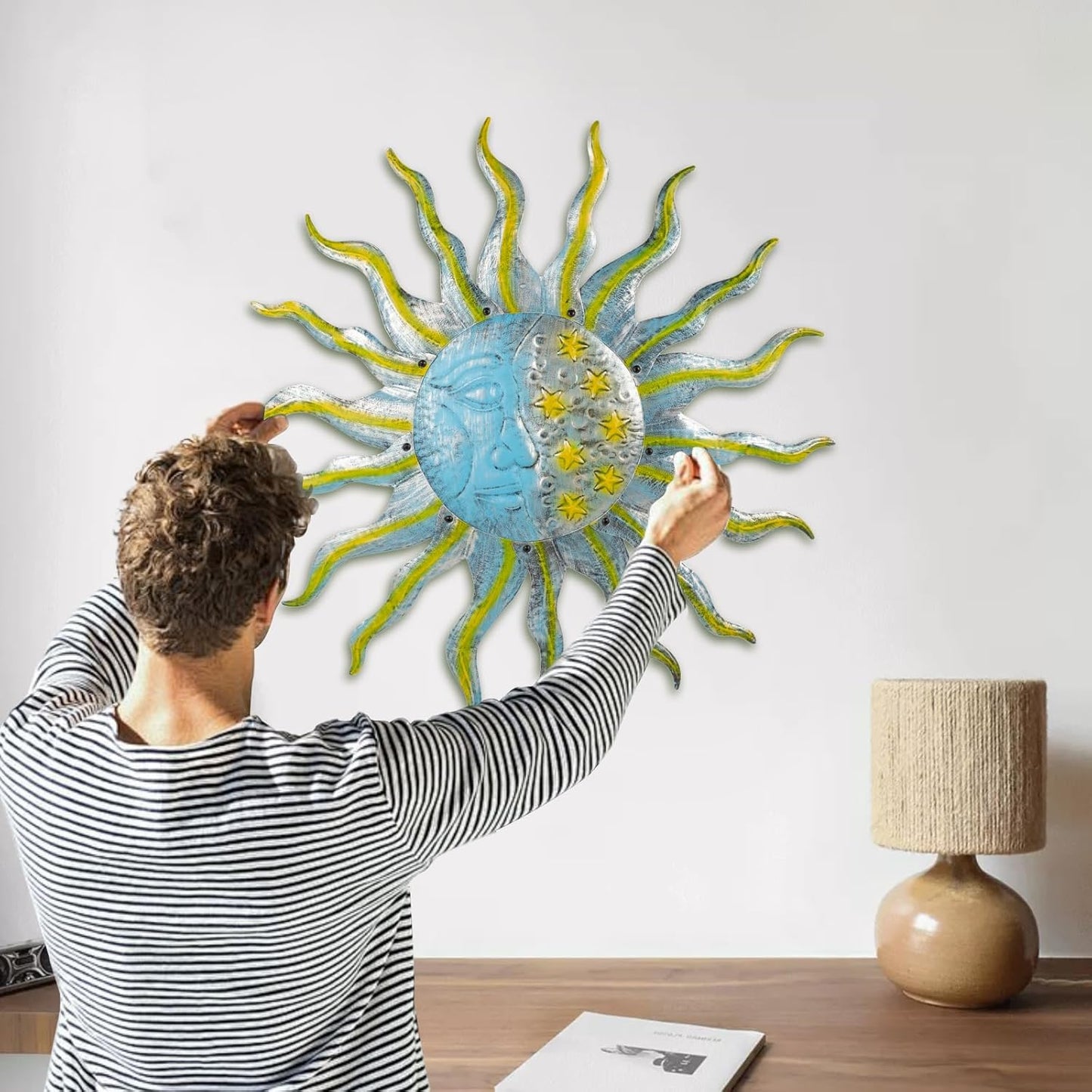 Large Metal Sun Wall Decor Outdoor, 27 Inch Sun and Moon Decor Metal Wall Art, 3D Sun Wall Decor for Patio Garden Yard Fence Bedroom Living Room Decoration