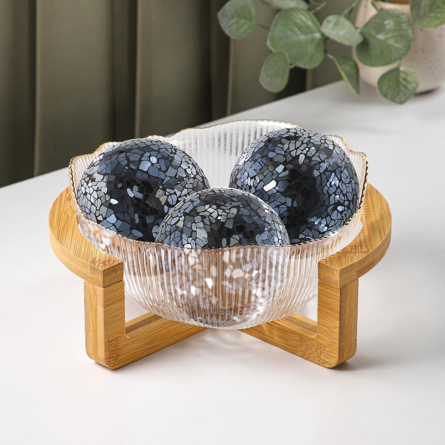 3Pcs Mosaic Glass Orbs Decorative Balls Set 8.5cm/3.35inch Blue Sphere Wedding Party Home Decor Table Centerpiece