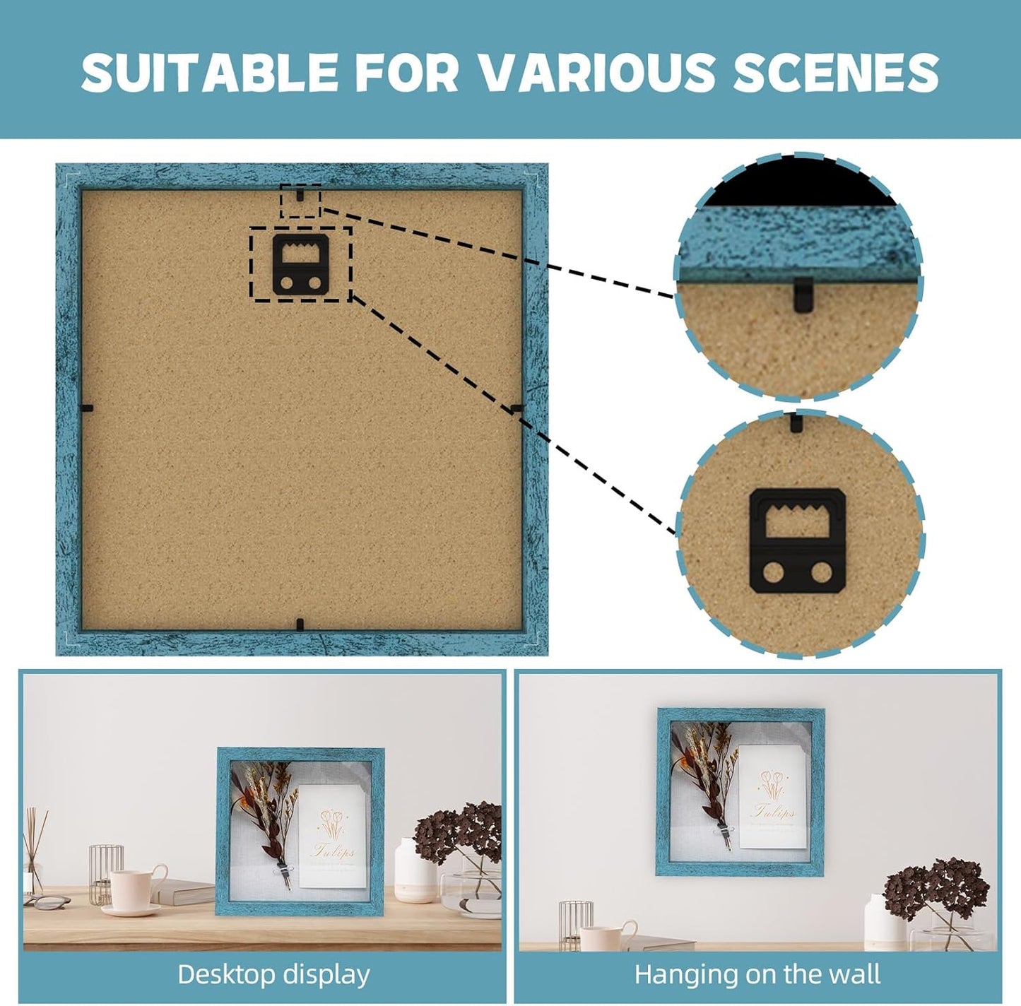 Muzilife 8x8 Shadow Box Picture Frame with Linen Board - Deep Wood & Glass Display Case Ready to Hang Memory Box Baby Sports Memorabilia, Pins, Awards, Medals, Wedding, Tickets and Photos (Black)