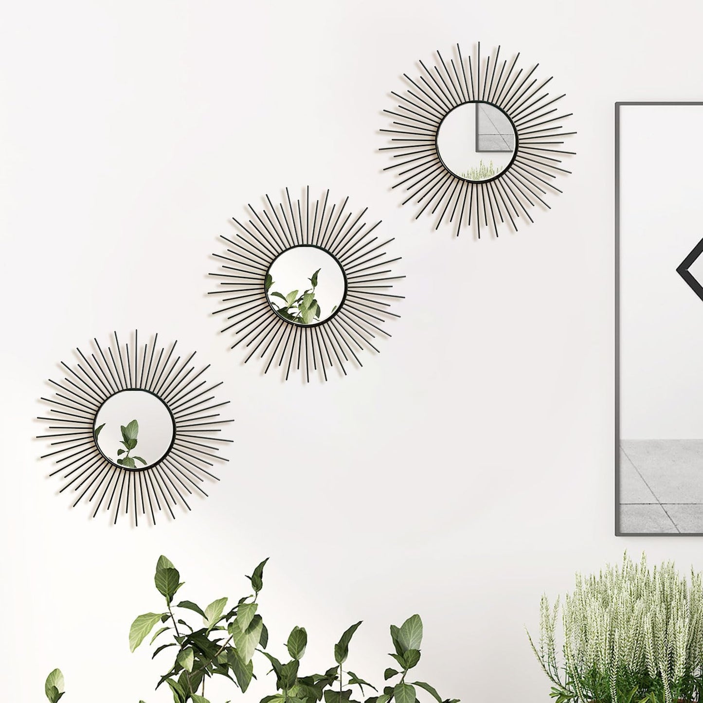 3 Pack Metal Mirrors for Wall Sunburst Wall Mirrors Home Décor Decorative Hanging Wall Art for Living Room Bedroom Entryway (Gold, Flower+Sunburst)