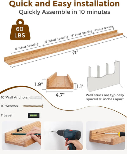 Axeman Oak Picture Ledge Shelf, 48 Inch Floating Shelves Set of 2, Solid Oak Wood Wall Shelves with Lip, Wall Decor Storage for Bedroom Living Room Bathroom Kitchen Nursery Photo Picture, Natural Oak