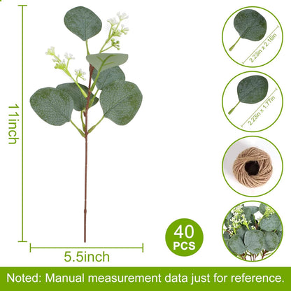 ZeKonan 40 Pcs Artificial Eucalyptus Stem, Fake Silver Dollar Eucalyptus Leaves Stems Bulk Real Touch Faux Leaf Branches for DIY Bouquets Floral Arrangement Wedding Home Decor