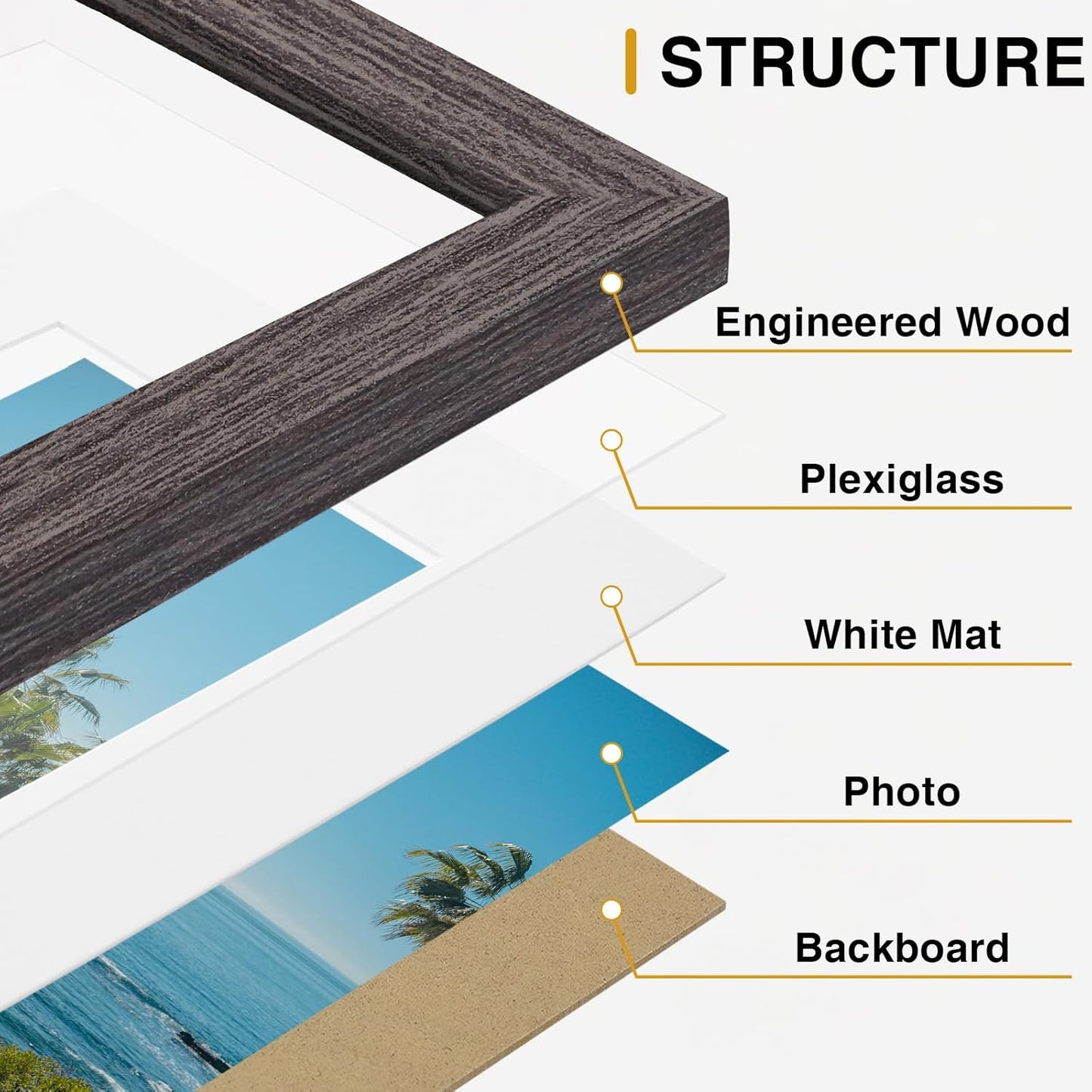 Vittanly 8x10 Picture Frames Set of 9, Shatter Resistant Plexiglass, Display 5x7 Pictures with Mat or 8x10 without Mat, Photo Frames for Wall or Tabletop, Engineered Wood, Black - Colors B