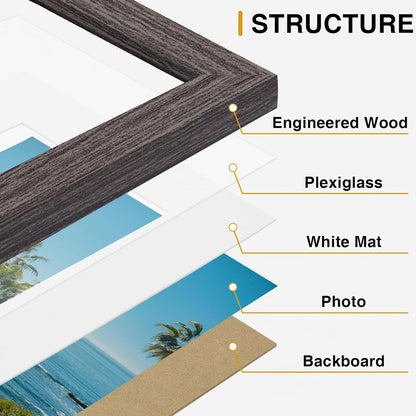 Vittanly 8x10 Picture Frames Set of 9, Shatter Resistant Plexiglass, Display 5x7 Pictures with Mat or 8x10 without Mat, Photo Frames for Wall or Tabletop, Engineered Wood, Black - Colors B