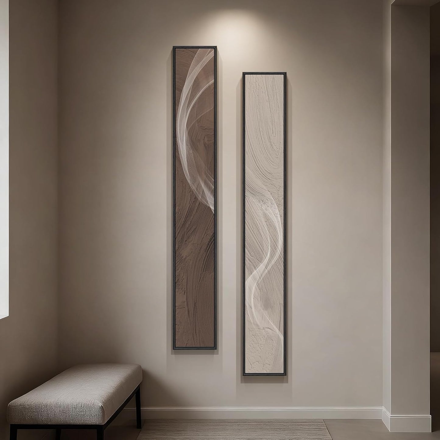 Long Narrow Framed Neutral Abstract Vertical Wall Art Set, 2 Piece Modern Canvas Prints Paintings Artwork for Walls, Beige and Brown Minimalist Pictures for Hallway Entryway Living Room Bedroom Decor