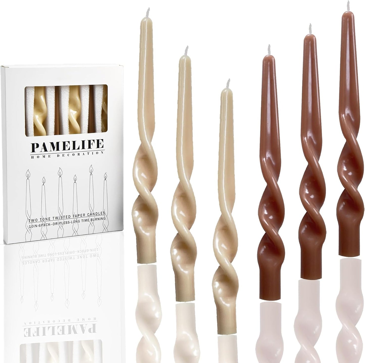 Brown Two Tone Spiral Taper Candles - Set of 6 Twisted Taper Candlesticks 9.5 Inch Tall for Home Decoration Holiday Wedding Party(Brown)