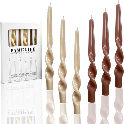 Brown Two Tone Spiral Taper Candles - Set of 6 Twisted Taper Candlesticks 9.5 Inch Tall for Home Decoration Holiday Wedding Party(Brown)