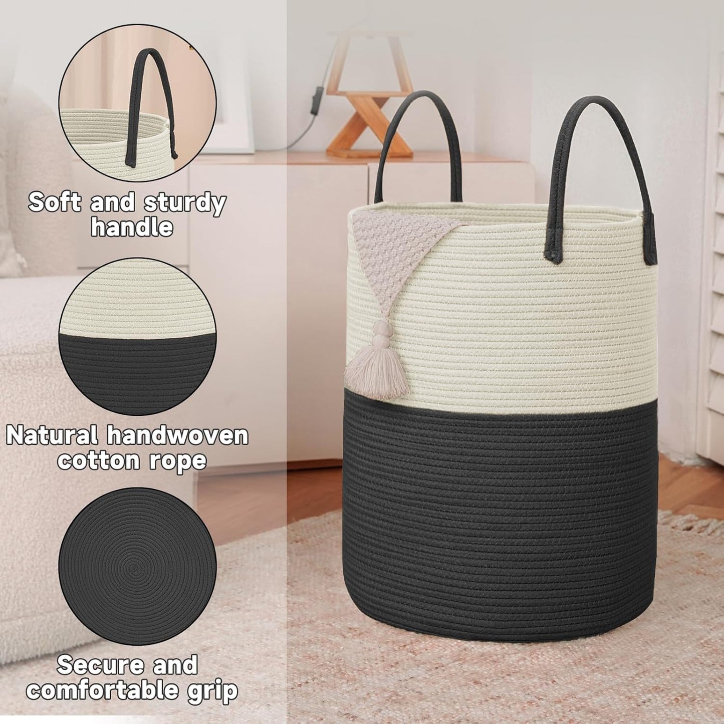 JMvicyroam Large Woven Laundry Basket Hamper,60L Cotton Rope Storage Bin for Blankets,Toys and Clothes,Decorative Tall Nursery Hamper for Living Room,Baby Nursery,Bathroom and Bedroom,Brown