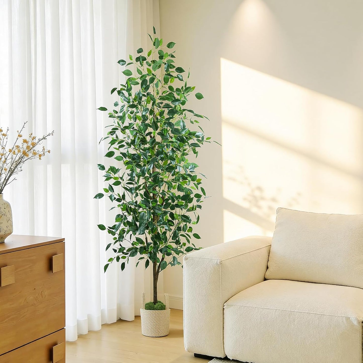 Caxchiling Faux Eucalyptus Tree 6FT, Artificial Potted Tree for Indoor Outdoor, Fake Floor Plants with Natural Wood Trunk, Home Office Living Room Bedroom Decor