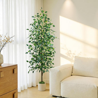 Caxchiling Faux Eucalyptus Tree 6FT, Artificial Potted Tree for Indoor Outdoor, Fake Floor Plants with Natural Wood Trunk, Home Office Living Room Bedroom Decor