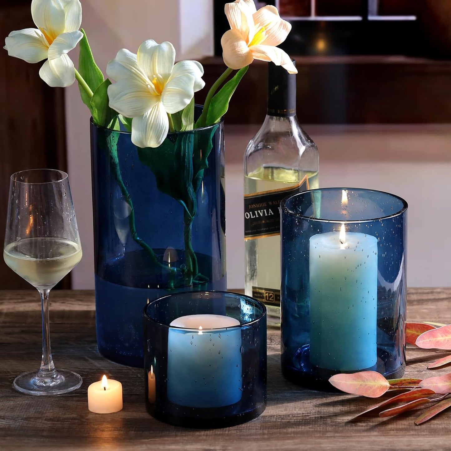 NITIME Hurricane Candle Holder Set of 3 Clear Candle Holders for Pillar Candles, Seeded Bubbles Glass Candle Holder for table centerpiece, Glass Cylinder Vases for Home, Patio and Wedding 8"4.7"3.5"H