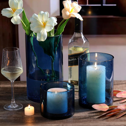 NITIME Hurricane Candle Holder Set of 3 Clear Candle Holders for Pillar Candles, Seeded Bubbles Glass Candle Holder for table centerpiece, Glass Cylinder Vases for Home, Patio and Wedding 8"4.7"3.5"H