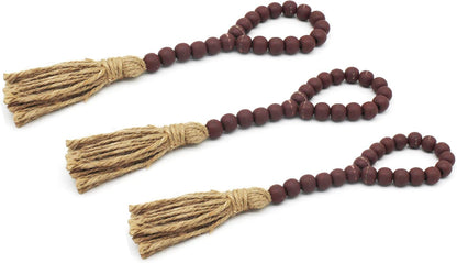 CVHOMEDECO. Wood Beads Garland with Tassels 3 PCS Farmhouse Rustic Wooden Prayer Bead String Wall Hanging Accent for Home Festival Decor. Natural