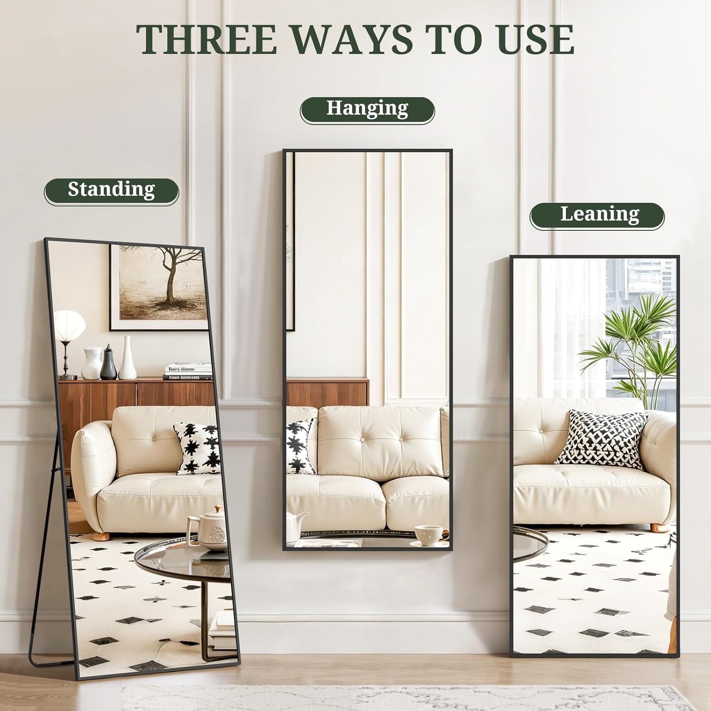 Mirror Full Length 64"x21" Full Body Floor Mirror with Stand, Shatterproof Glass, Aluminum Alloy Frame, Free Standing Wall Mounted or Leaning Arched Mirrors for Bedroom Living Room Entryway