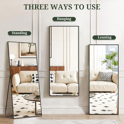 Mirror Full Length 64"x21" Full Body Floor Mirror with Stand, Shatterproof Glass, Aluminum Alloy Frame, Free Standing Wall Mounted or Leaning Arched Mirrors for Bedroom Living Room Entryway