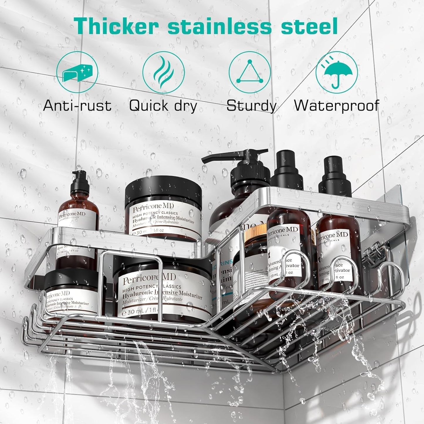 YASONIC Corner Adhesive Shower Caddy, with Soap Holder and 12 Hooks, Rustproof Stainless Steel Bathroom Organizer, No Drilling Wall Mounted Rack, Black, 3-Pack