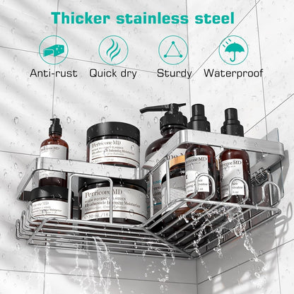 YASONIC Corner Adhesive Shower Caddy, with Soap Holder and 12 Hooks, Rustproof Stainless Steel Bathroom Organizer, No Drilling Wall Mounted Rack, Black, 3-Pack