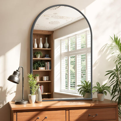 Bathroom Mirror for Wall, 24 Inch Round Mirror, Matte Black Metal Framed Circle Vanity Mirror for Bathroom Bedroom Living Room Entryway, Anti-Rust, Tempered Glass, Hanging or Leaning