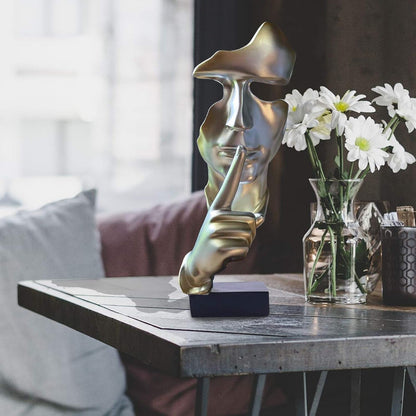 aboxoo Thinker Statue, Silence is Gold Abstract Art Figurine,Modern Home Resin Sculptures Decorative Objects,Table Top Decor for Livingroom Home Decor,Office Study Sculpture,Shh mask Statue(Gold)