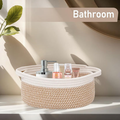 JMvicyroam Woven Basket,Small Rope Storage Bin with Handles & Ribbon Bag, Organizer for Shelves Closets,Gift Basket Empty for Birthday,Books,Dog Toys,White
