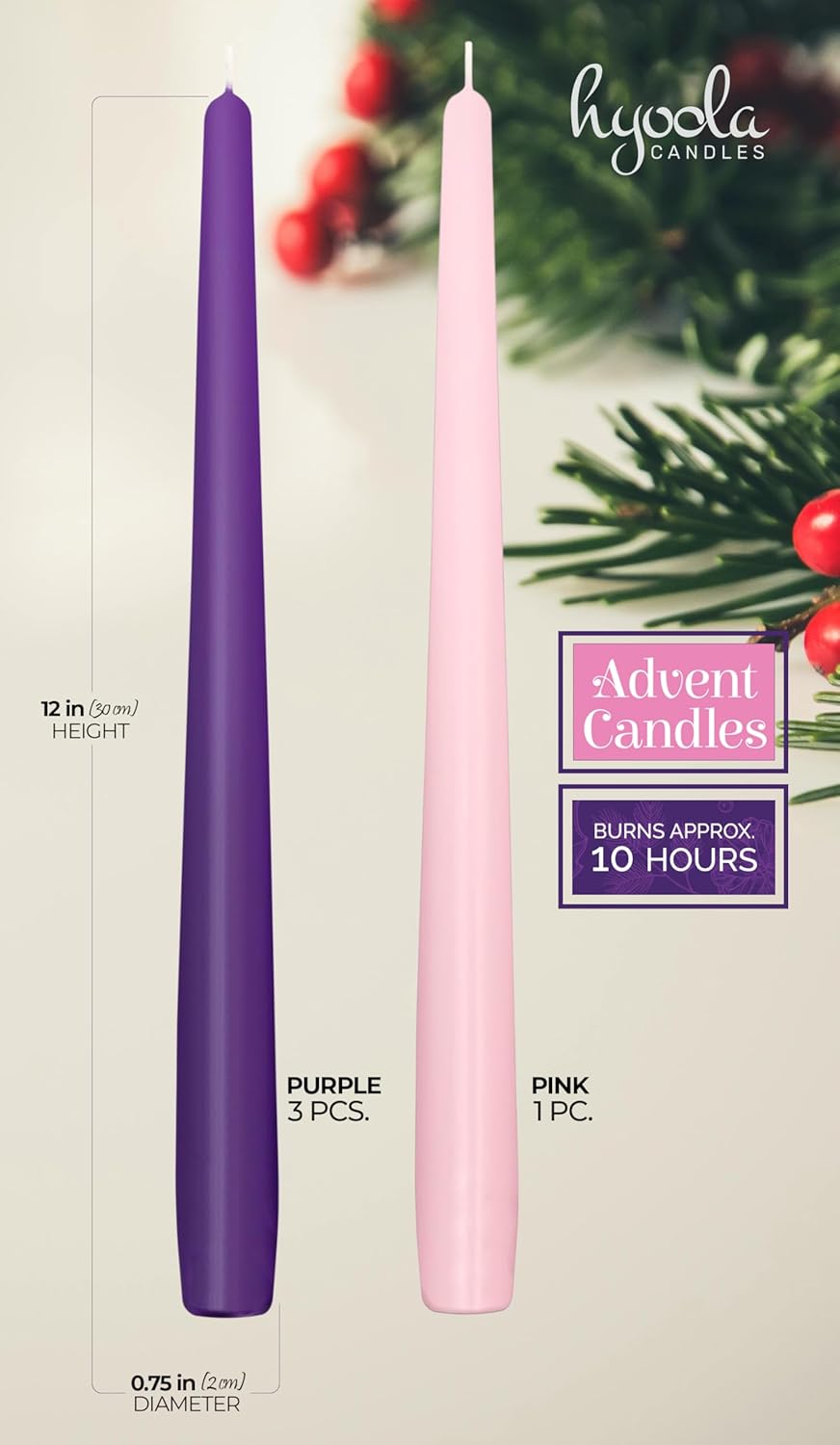 Hyoola Tall Taper Candles - 10 Inch Metallic Gold Unscented Dripless Taper Candles - 8 Hour Burn Time - 4 Pack
