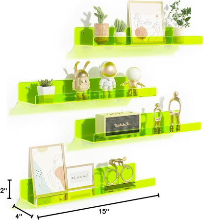 upsimples Acrylic Shelves for Bathroom Storage, 15" Floating Shelves Wall Organizer for Perfume, Make up, Skincare, Kids Bookshelf for Bedroom, Nursery, Living Room Decor, Clear, 4 Pack