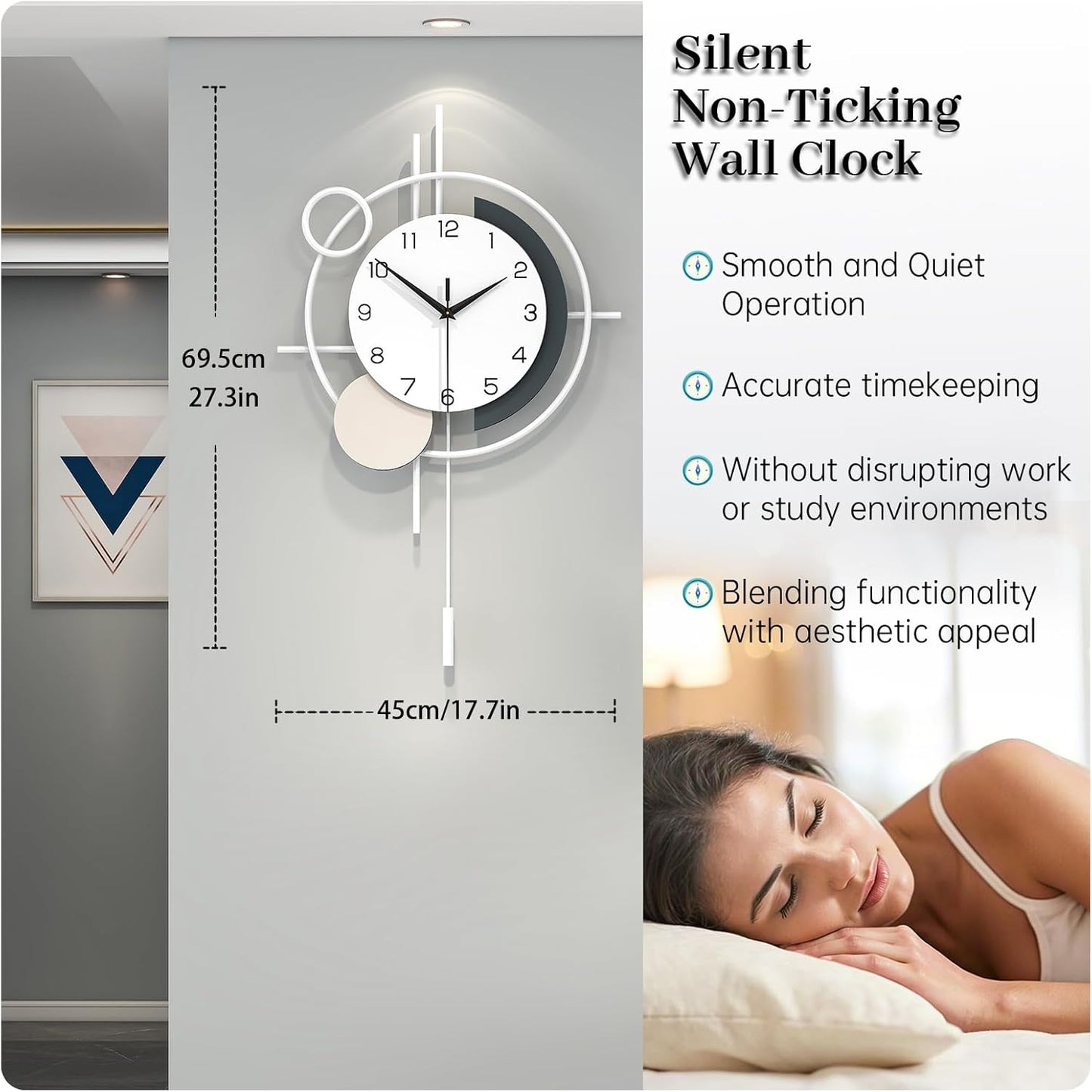 Wall Clock for Living Room Decor Decorative Wall Clock with Pendulum Silent Quartz Battery Operated Black Metal Large Clock for Dining Room,Kitchen,Home,Bathroom,Bedroom,13.8x21.3 in