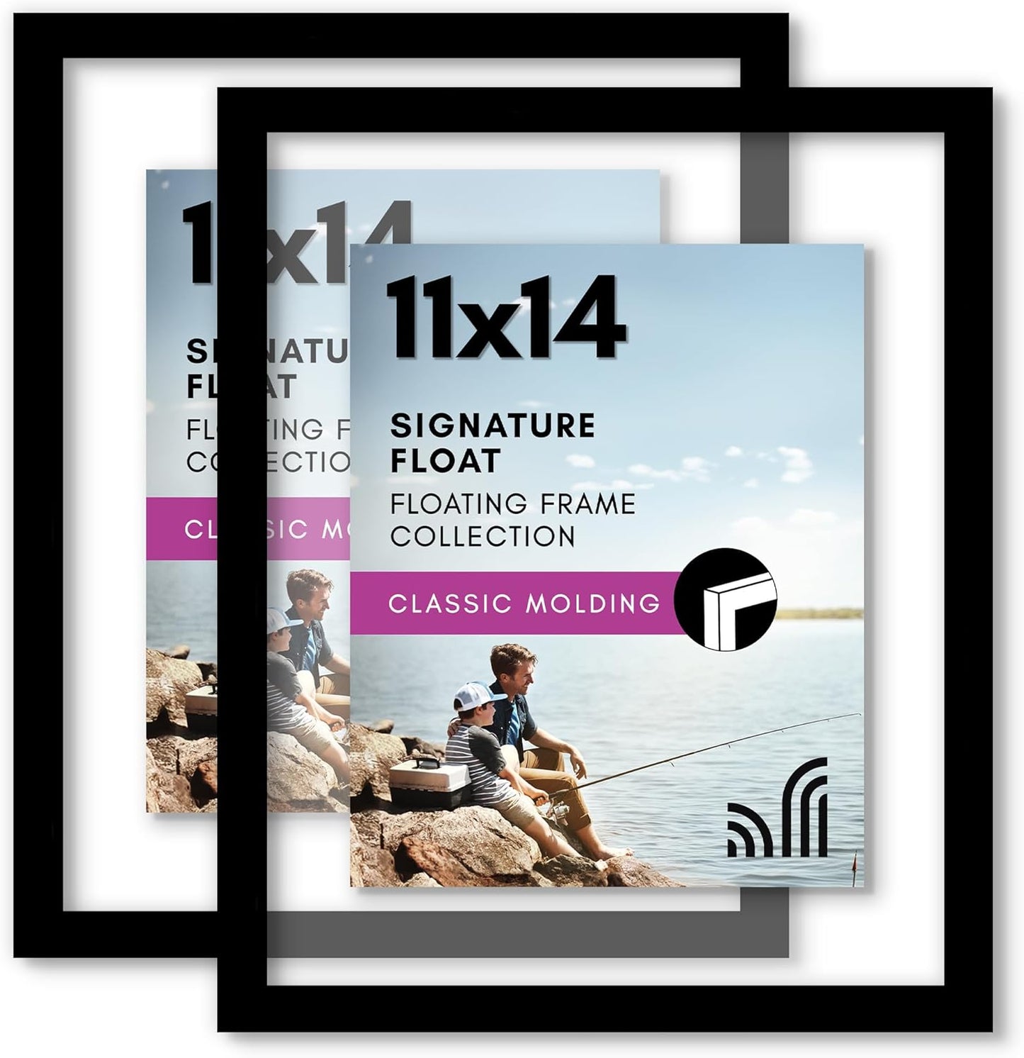 Americanflat 8.5x11 Floating Picture Frame with Polished Crystal-Clear Glass - Set of 2 - Use as 5x7 Frame or Display 4x6 Photo - Signature Float Collection - Photo Frames for Wall Display - Black