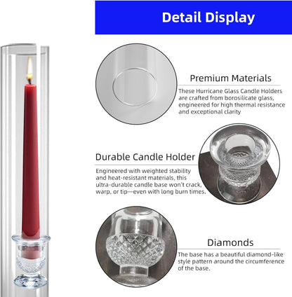 12-Pack Glass Hurricane Candle Holders - 13.78" Tall Clear Open-Ended Cylinders for Pillar Candles - Includes 2.36" Taper Candlestick Holders - Wedding, Event & Home Decor Centerpieces