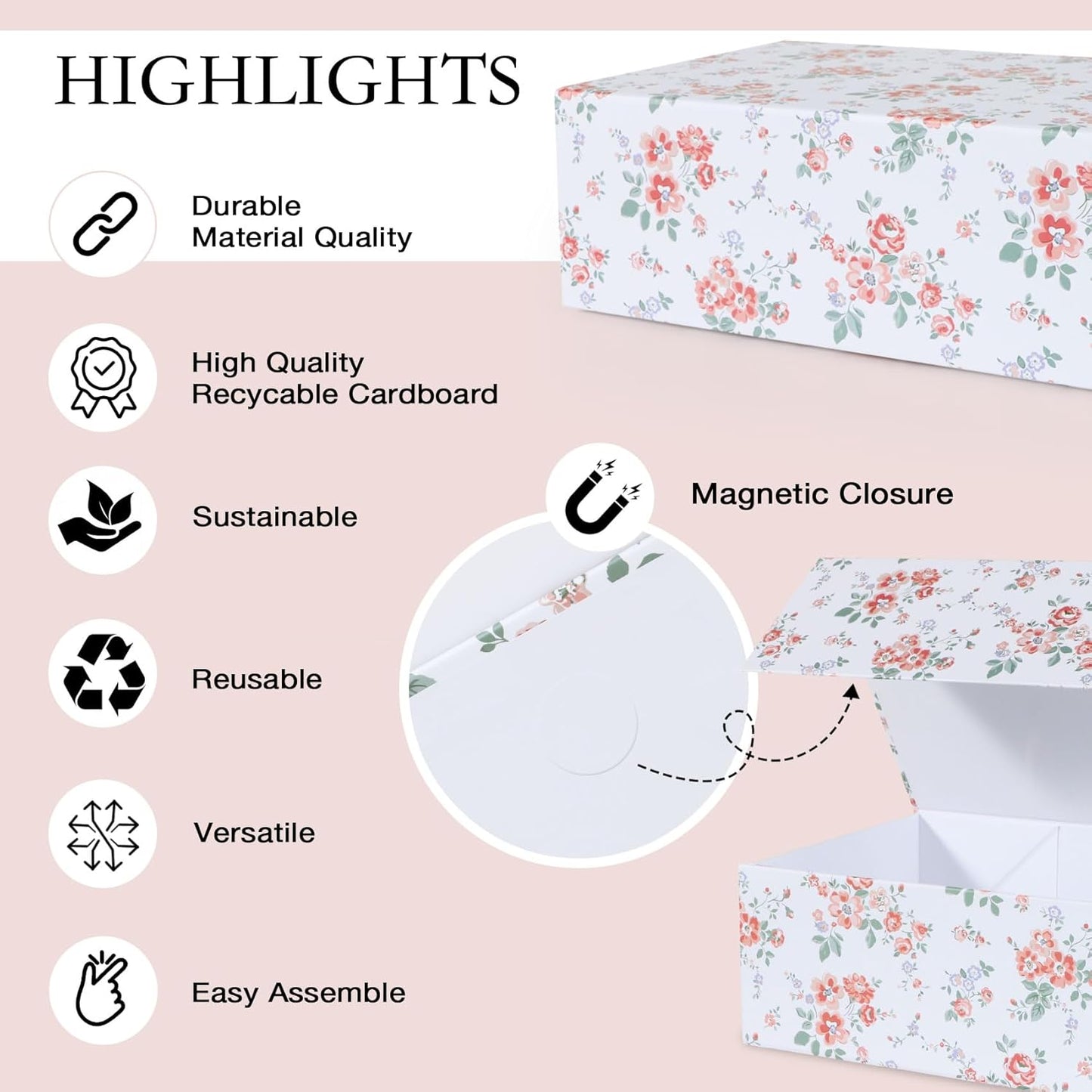 LFBOX Floral Gift Box with Magnetic Lids 13.8x8.3x4.4 in, Large Bridesmaid Proposal Boxes, Rectangle Wedding Decorative Storage Box 1 Pack