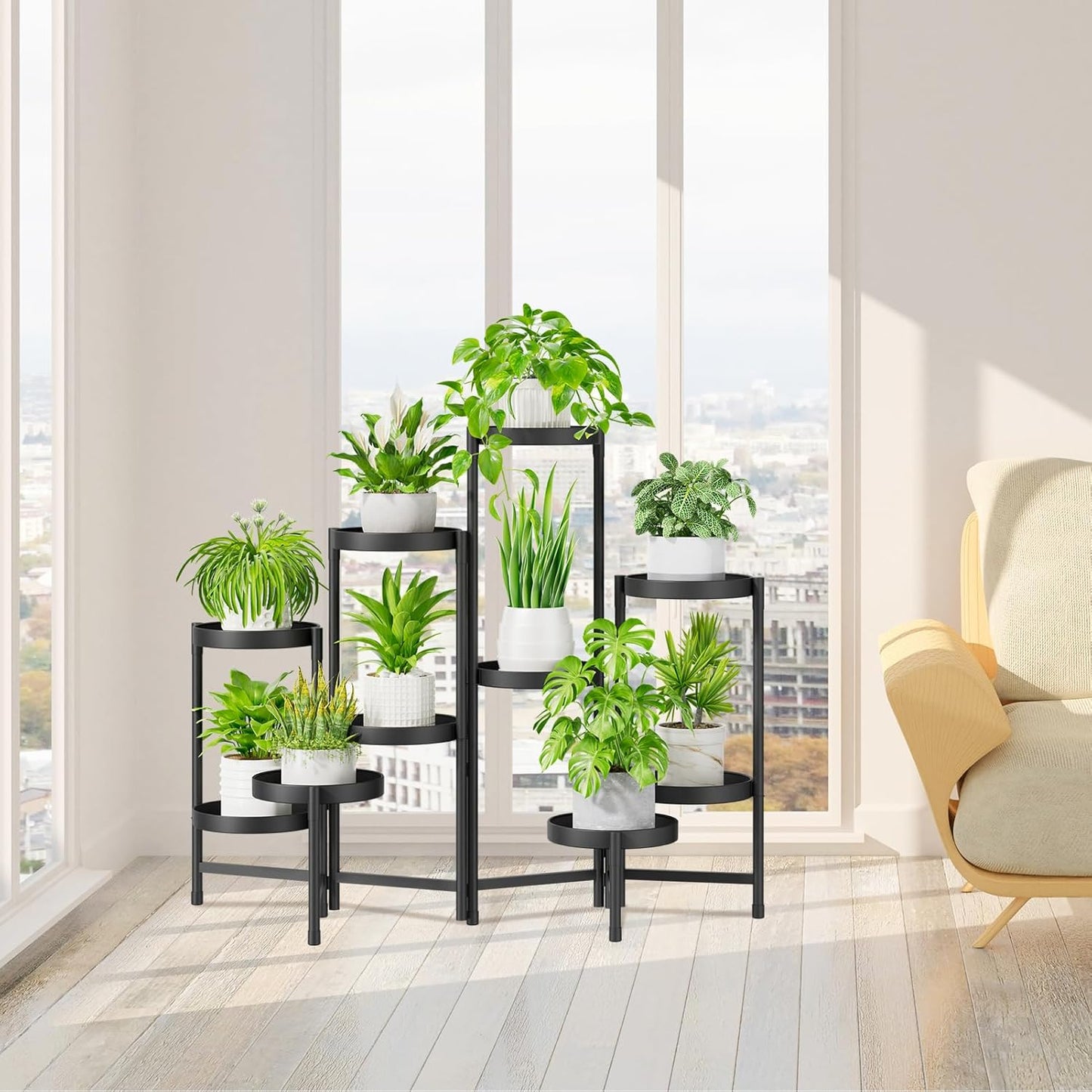 iDavosic.ly Plant Stand Indoor Outdoor, 5 Tier Corner Metal Flower Display Holder Shelf, Folding Tall Orchid Rack for Patio Balcony Porch Garden Living Room House, Black