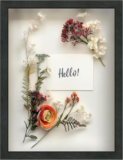 FrameWorks 11” x 14” Dark Oak Wooden Shadow Box Frame – Display Case with Soft Felt Back, Memory Box with Tempered Glass, Display Box with Elegant White Ball Push Pins, Wooden Flower Box