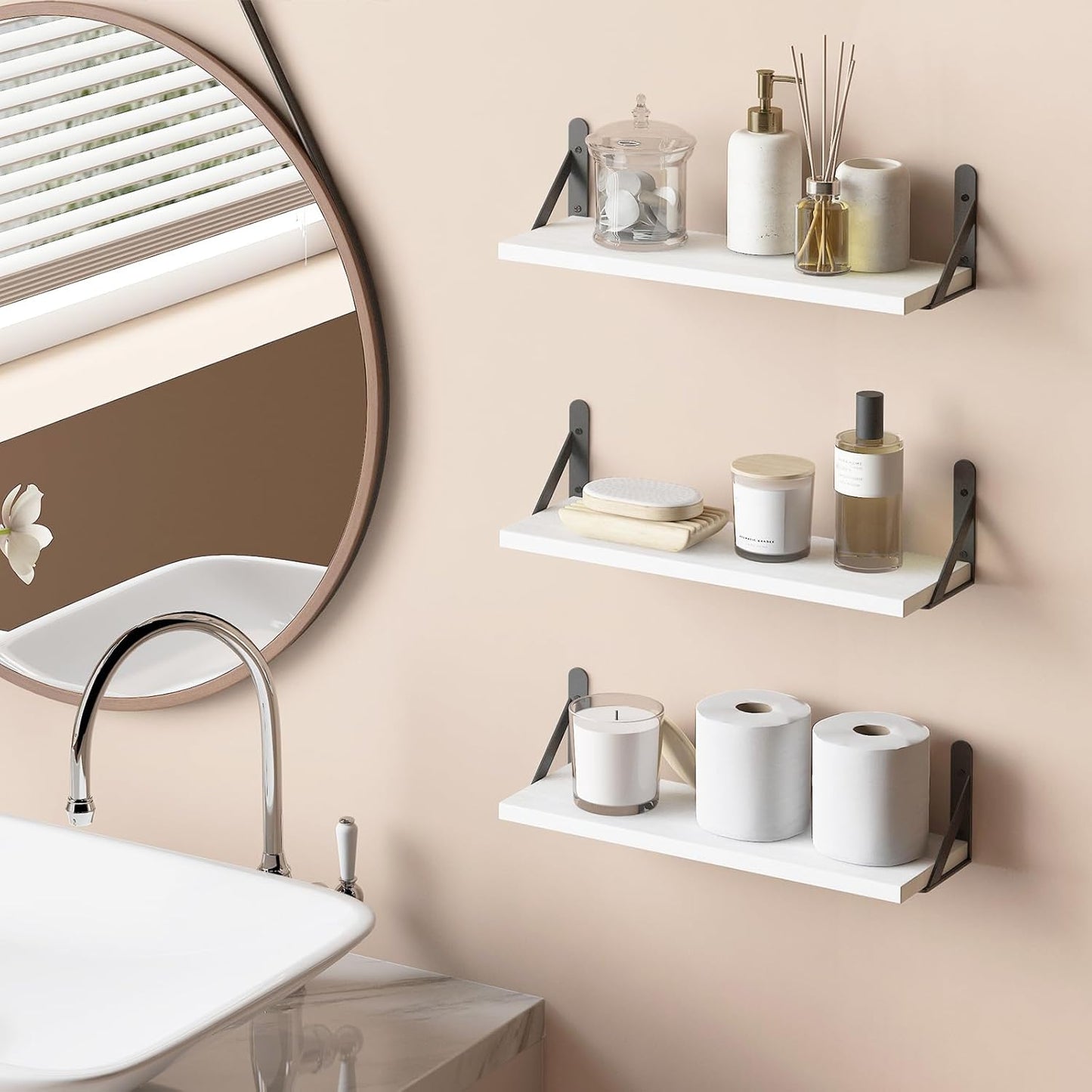 YGEOMER Brown Floating Shelves for Wall, 16.5 Inch Farmhouse Wall Shelves for Bedroom, Bathroom Storage, Living Room and Kitchen Decor (Set of 6 Brown)