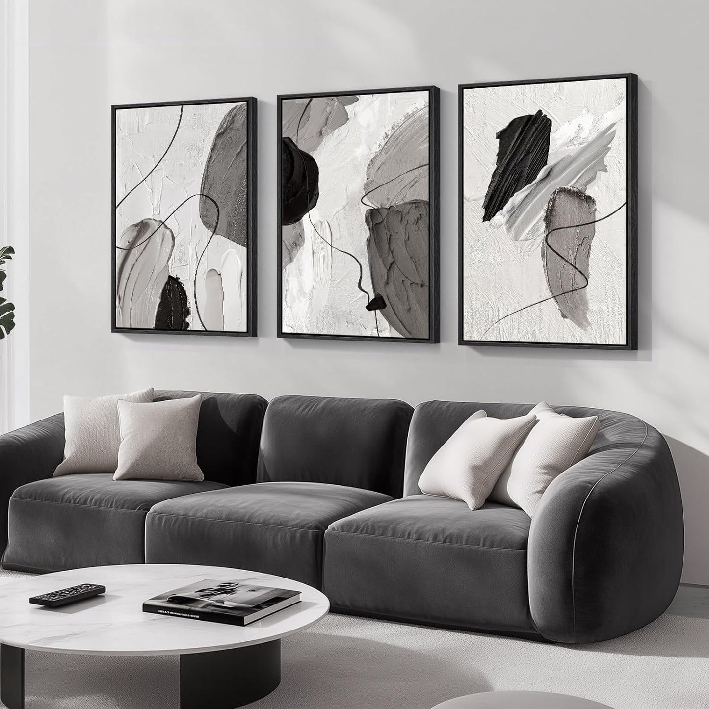 Large Framed Black and White Abstract Wall Art for Living Room, 3 Piece Big Modern Canvas Prints Paintings Artwork for Walls, Minimalist Abstract Art Pictures for Hallway, Office Wall Decor 24x36 In