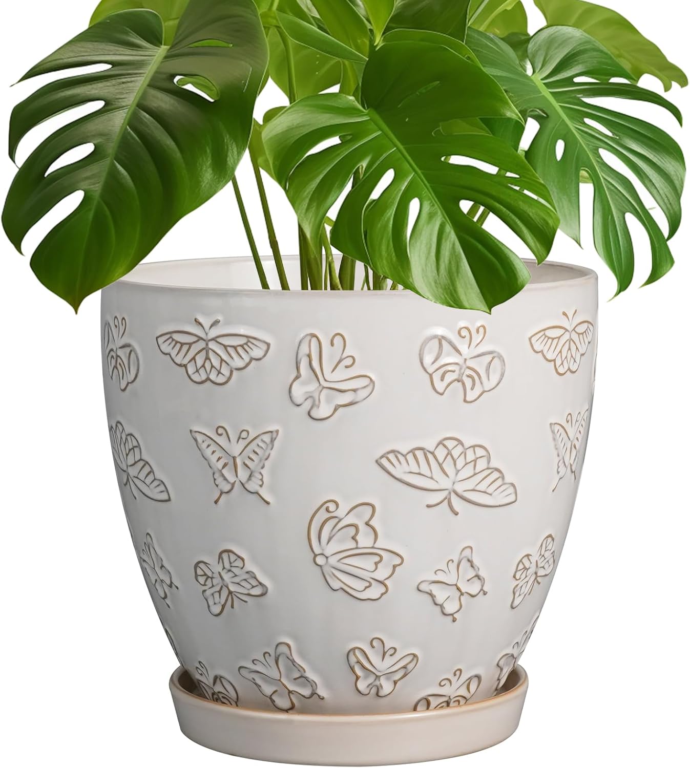 10 Inch Ceramic Planter Pot Round Plant Pot for Indoor Plants Outdoor Large Flower Pot with Drainage Hole and Saucer Blue