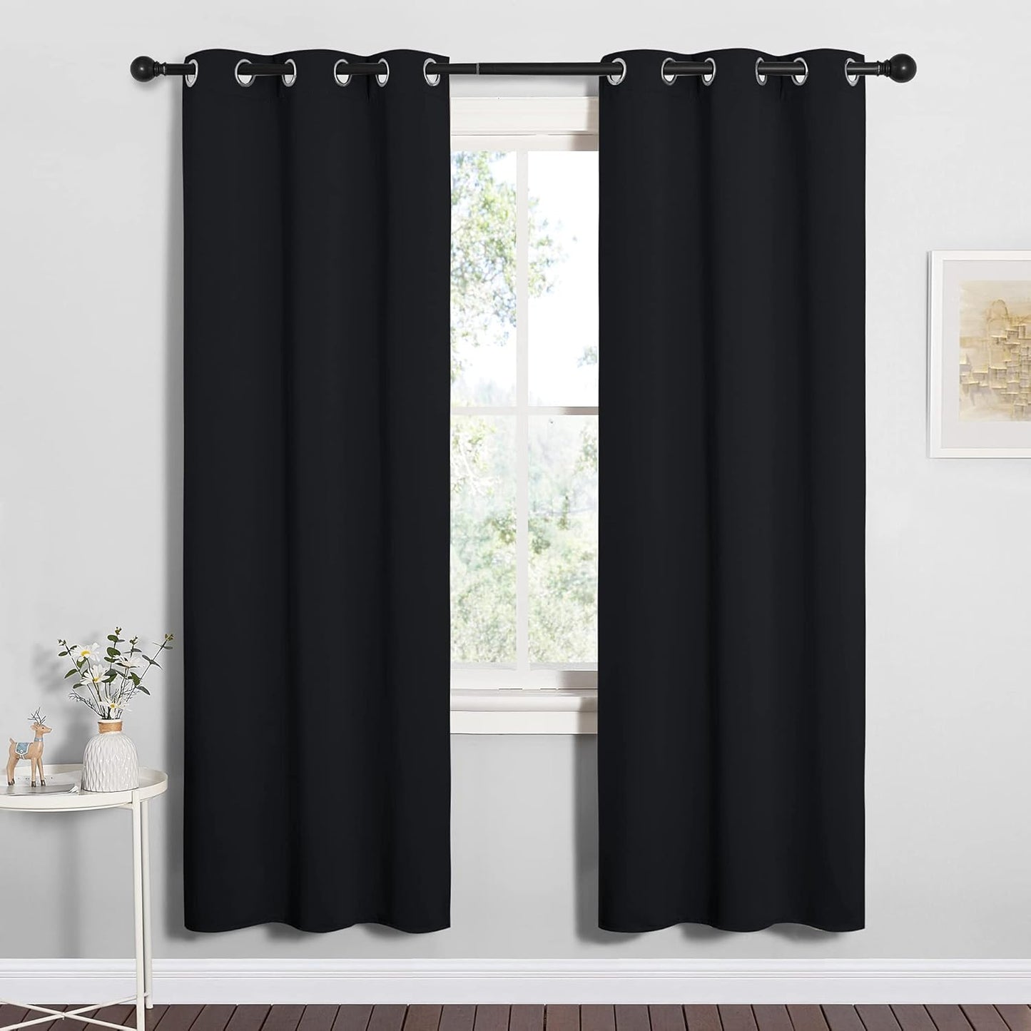NICETOWN Halloween Pitch Black Solid Thermal Insulated Grommet Blackout Curtains/Drapes for Bedroom Window (2 Panels, 42 inches Wide by 63 inches Long, Black) - Colors E