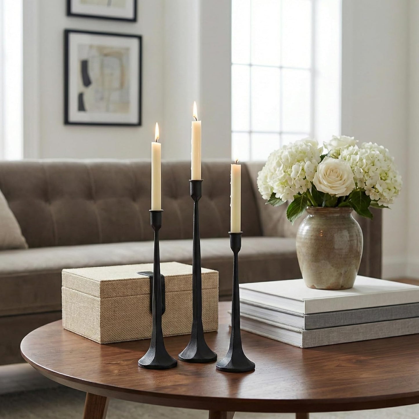 Denique Iron Taper Candle Holder Set of 3, Gold Candlestick Holders Decorative Candle Stand, Tapered Candle Holders Tall Set for Wedding, Dining Table, Home Decoration (Gold)