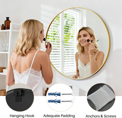 Bathroom Mirror for Wall, 24 Inch Round Mirror, Matte Black Metal Framed Circle Vanity Mirror for Bathroom Bedroom Living Room Entryway, Anti-Rust, Tempered Glass, Hanging or Leaning