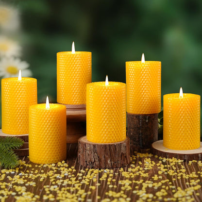 3 Pack Natural Beeswax Pillar Candles,Handmade Pure Beeswax Rolled Candle-60 Hours Long Burning,Honeycomb Bees Wax Candles for Home, Prayer,Dripless Smokeless Unscented Pillar Candle 2x4in