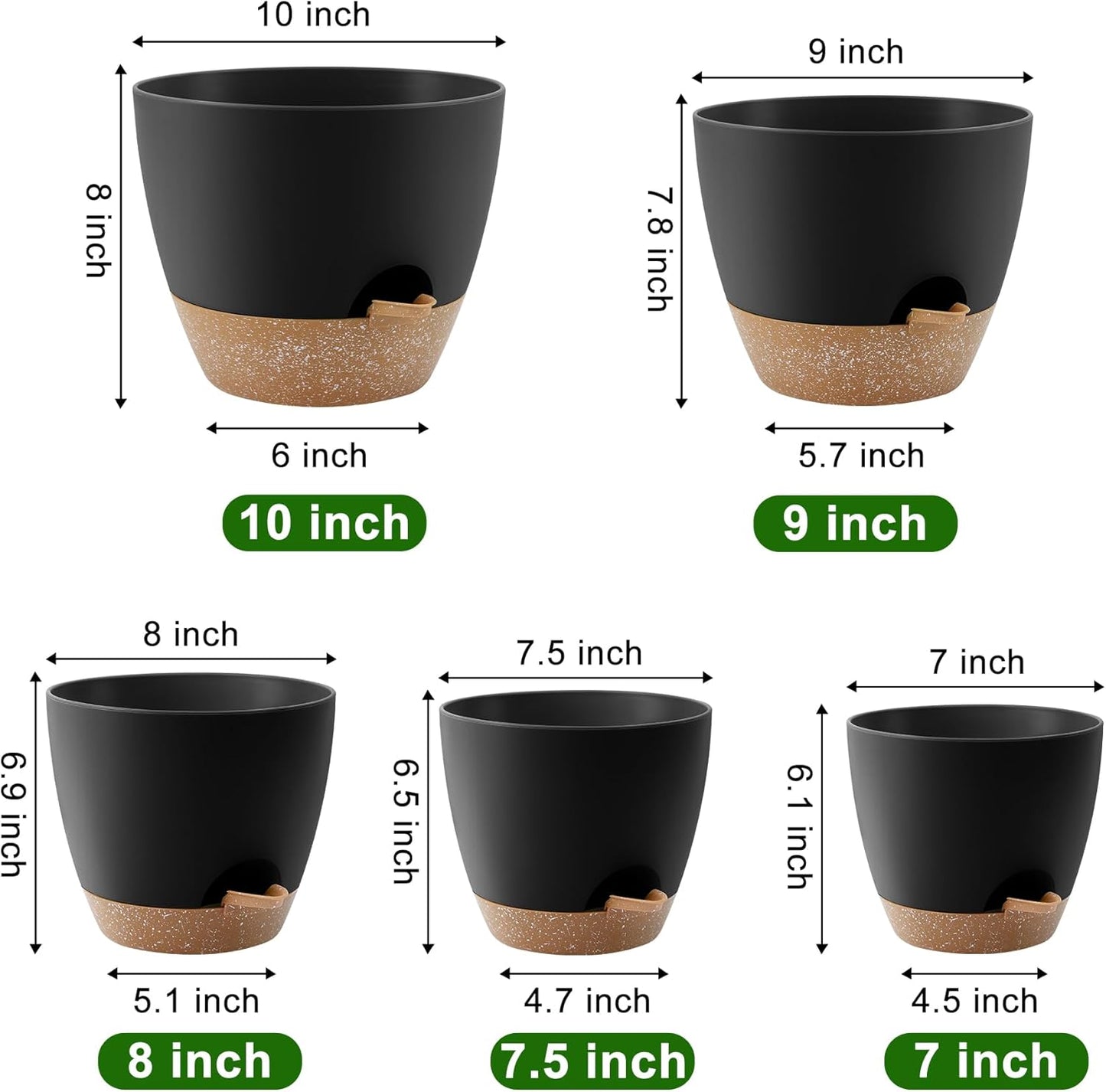 QRRICA Plant Pots 10/9/8/7.5/7 Inch Self Watering Pots, Set of 5 Plastic Planters with Drainage Holes and Saucers,Plastic Flower Pots,Nursery Planting Pot for Indoor Out Door Plants（Green）