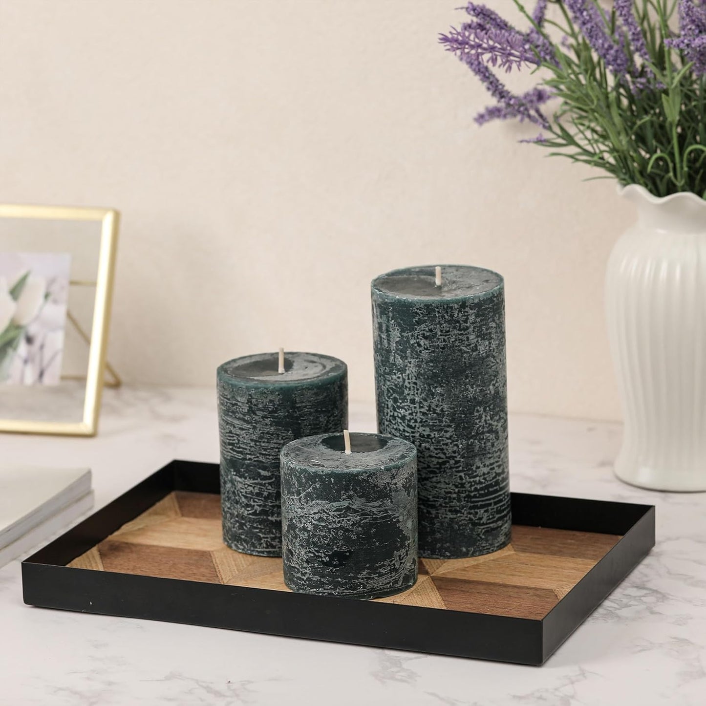 3x6 Inch Sage Green Pillar Candles Set of 3 - Unscented Spring, Long Clean Burning, Large Smokeless Dripless for Home Decor, Dinner Table, Bathroom, Rustic Decor