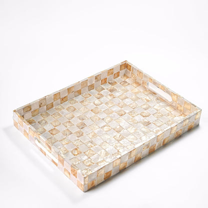 CHI AN HOME 15.8" x 11.8" Decorative Rectangular Tray with Natural Capiz Shells, Checkered Tray with Handles, Serving Tray for Ottoman, Coffee Table, Kitchen Counter Home Decor (Pistachio Green)