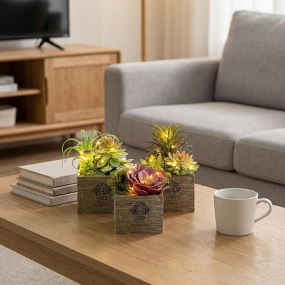 Succulent Plants Artificial, 3 Pack Small Fake Plants in Wood Pot for Home Decor, Farmhouse Artificial Plants Indoor for Living Room Bathroom Bedroom Office Kitchen Desk Wedding Coffee Table Decor