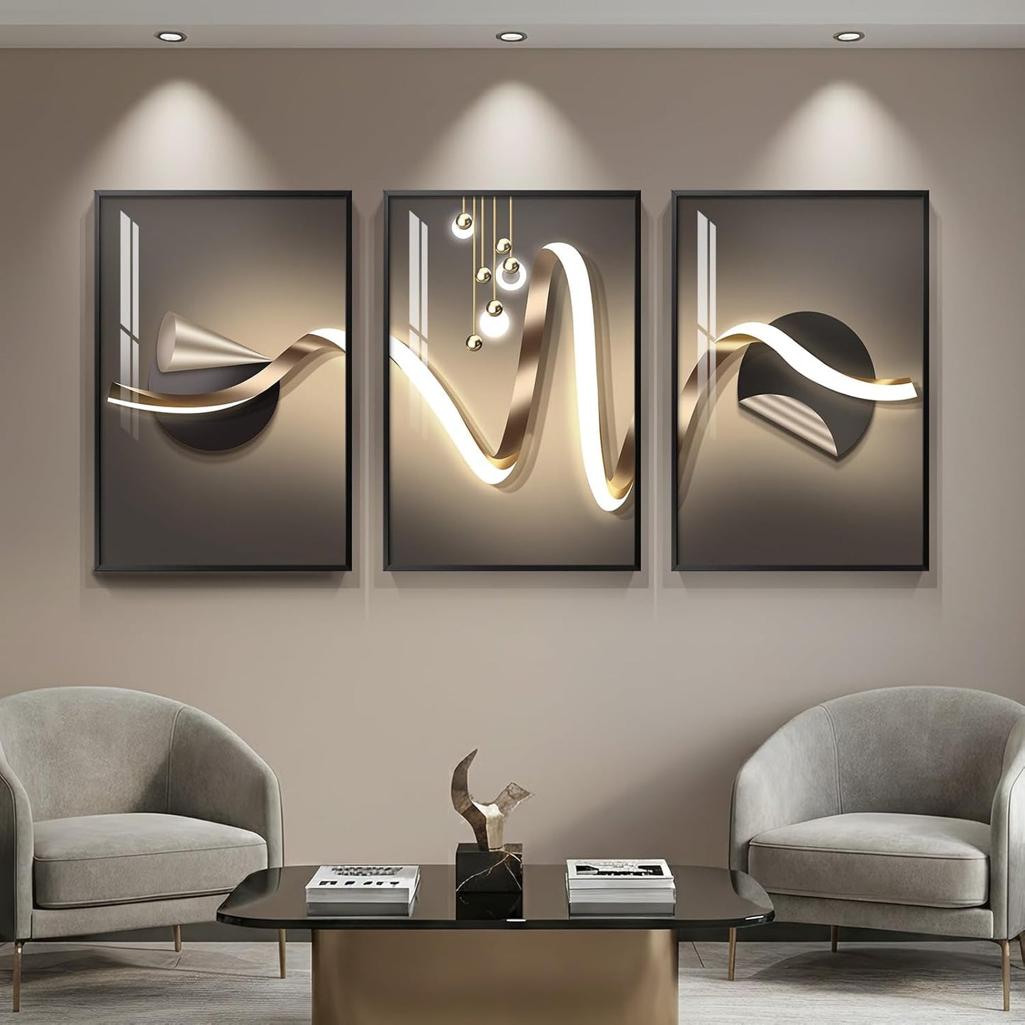 Framed Modern Luxury Gold Wall Art, Set of 3 Piece Contemporary Paintings Artwork for Walls, Golden Prints Pictures with Gold Frame, Wall Decor for Living Room, Hallway, Bedroom, Office 16x24 Inch