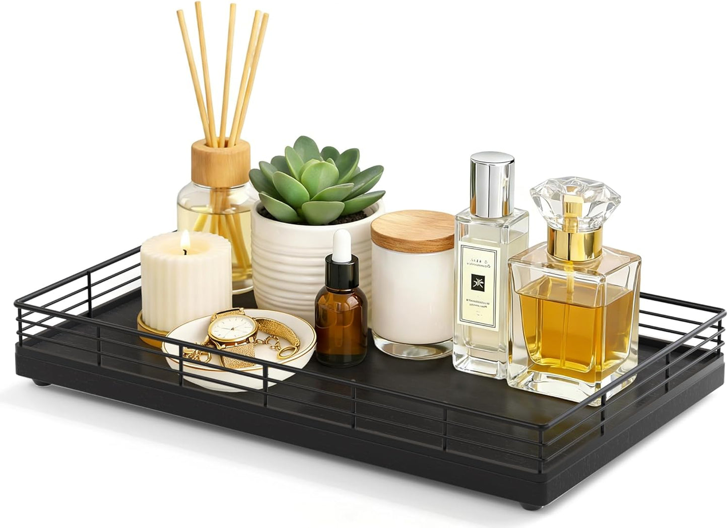 Bathroom Vanity Tray for Countertop, 12" x 6" Acacia Wood Toilet Tank Tray with Metal Guardrail, Bathroom Organizer for Soap, Perfume & Skincare, Non-Slip Decorative Tray for Dresser, Black & Acacia