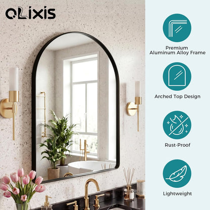 OLIXIS Arched Bathroom Mirror for Over Sink, 34x32 Inch Wall Mirror Arched Rounded Rectangle, Modern Wall Mount Vanity Mirror with Matte Metal Deep Framed, for Home Decor, Living Room, Black